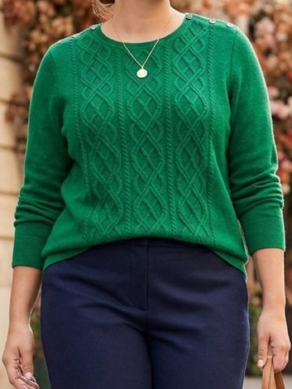 Talbots Forest Green Cable Knit Lambswool Sweater Shoulder Buttons L